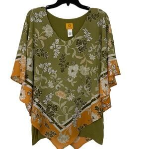 Ruby Red Green Floral Asymmetrical Cape Style V Neck Top Fairycore Boho XL